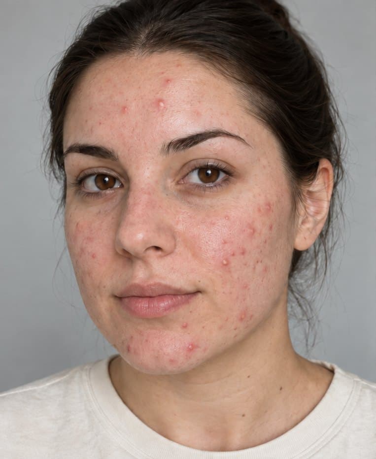 Illustration: inflamed acne on forehead, cheeks and chin